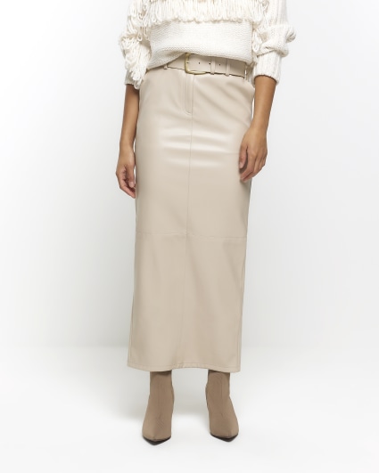 Cream faux leather belted midi skirt
