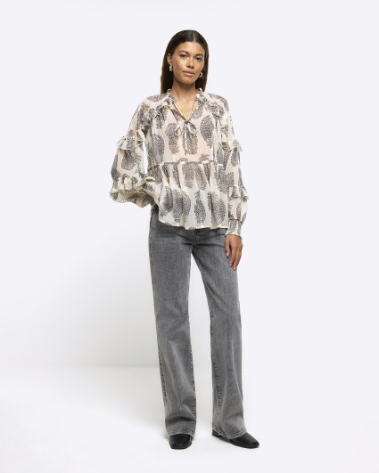 Beige abstract frill blouse