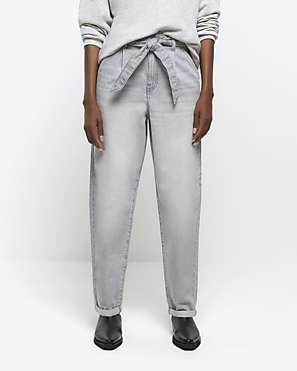 Grey high waisted belted tapered jeans