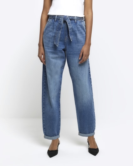 Blue High Waisted Belted Barrell Jeans
