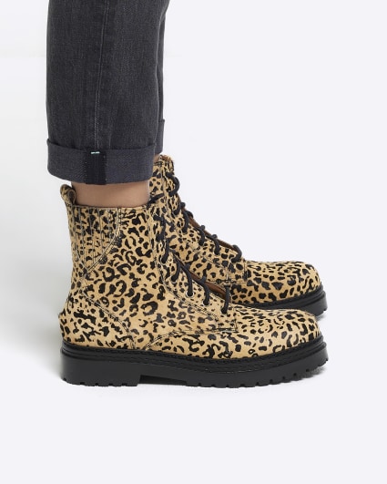 Brown leather animal print lace up boots