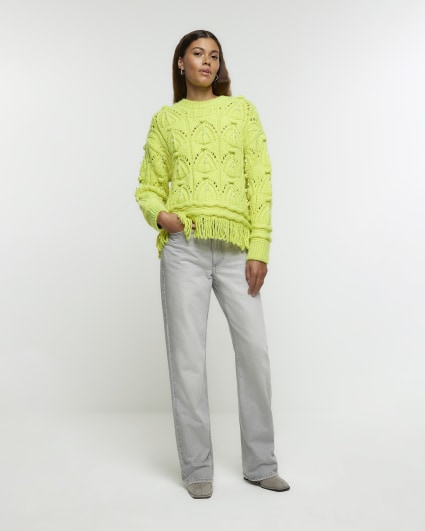 Yellow cable knit fringe jumper