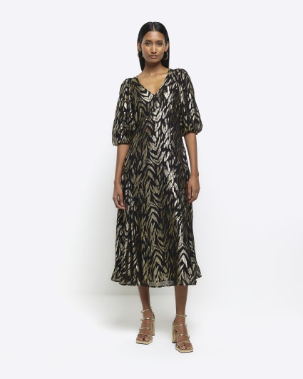 Black Metallic animal print midi dress