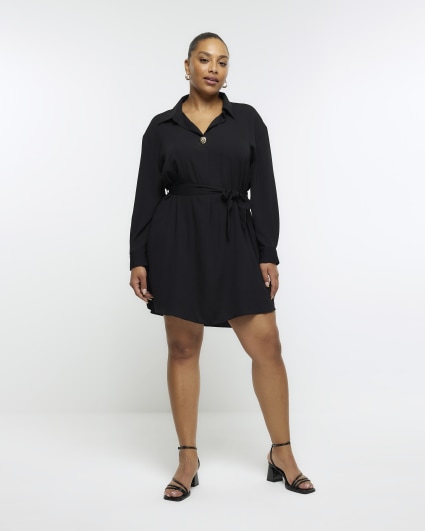 Plus black belted mini shirt dress