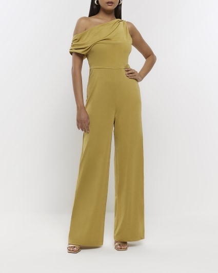 Green off shoulder drape jumpsuit