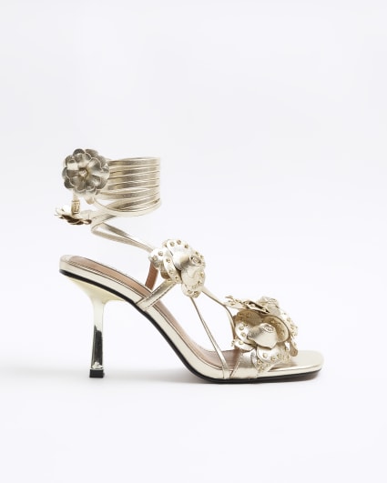 Gold flower detail heeled sandals