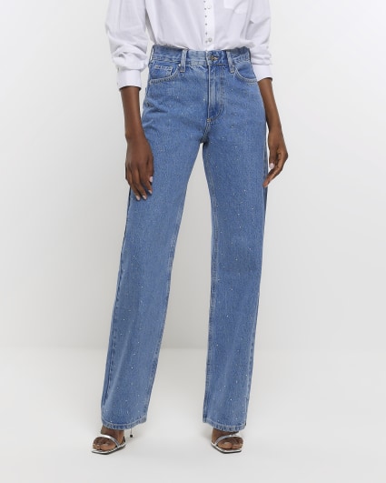 Blue high waisted diamante straight jeans