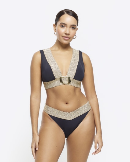 White & Gold Sequin Plunge Bikini Top