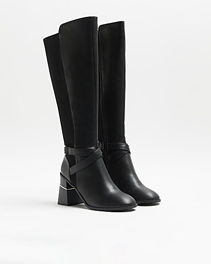 Black wide fit heeled high leg boots