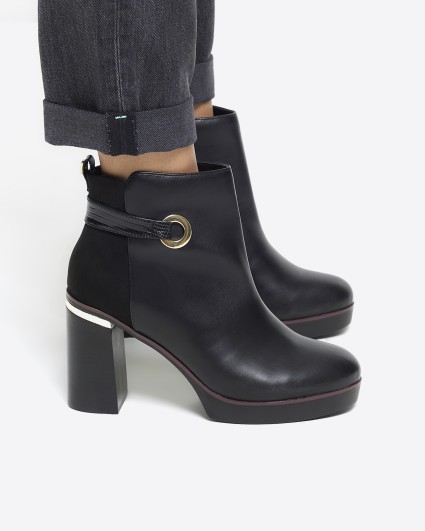 Black eyelet platform heeled ankle boots
