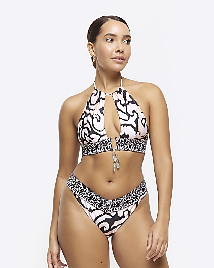 Cream abstract halter bikini top