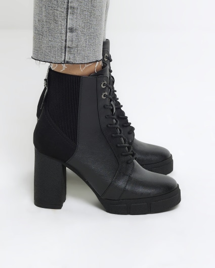 Black Lace Up Heeled Ankle Boots
