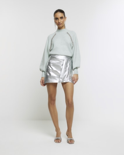 Silver ruched mini skirt
