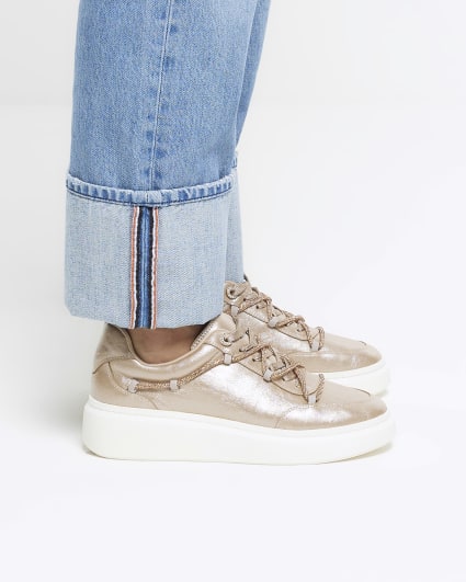 Rose gold double lace platform trainers
