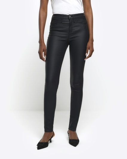 Ladies Black Coated High Rise Leather Look Skinny Ankle Jeans Jeggings
