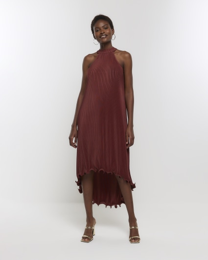 Brown plisse frill hem slip midi dress