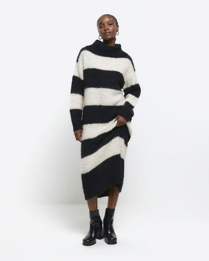 Black stripe roll neck jumper maxi dress