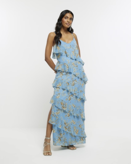 Blue floral ruffle maxi dress