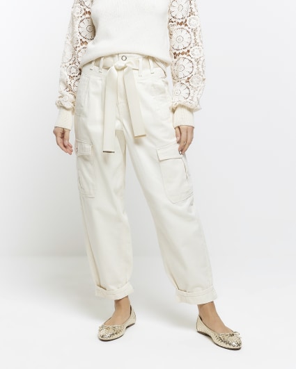 Ecru flared cargo trousers