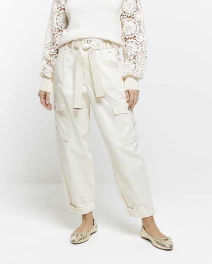 Ecru belted paperbag cargo trousers