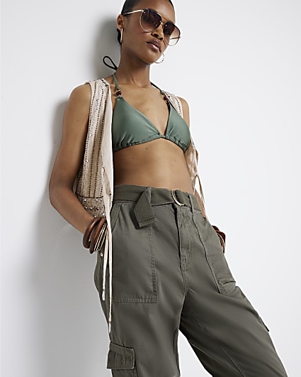 Khaki belted utility cargo trousers