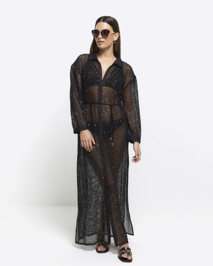 Black mesh sequin beach maxi shirt dress