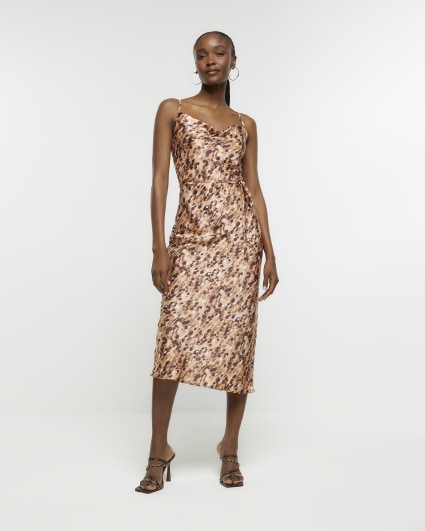 Brown satin leopard print slip midi dress