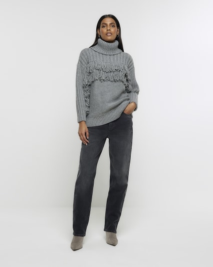 Grey knitted fringe detail jumper