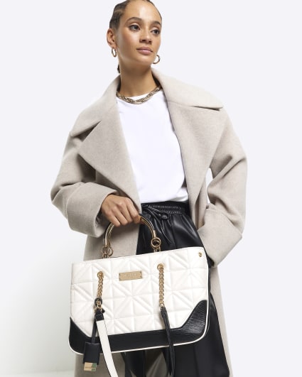Cream quilted chain strap tote bag