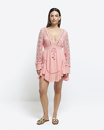 Coral broderie plunge beach mini dress