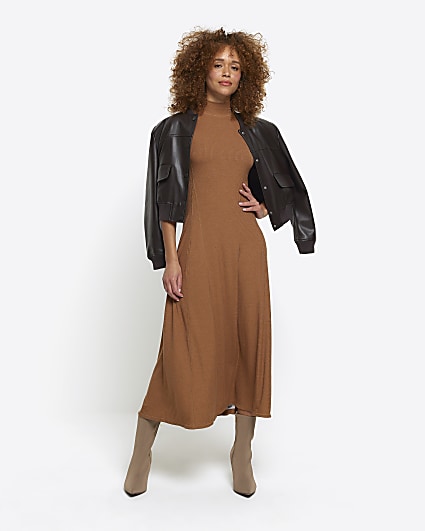 Brown rib high neck bodycon midi dress