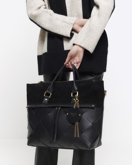 Black leather weave shopper bag