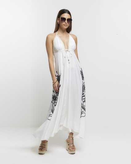 Cream embroidered plunge beach maxi dress