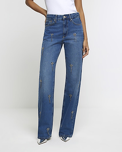 Blue embellished relaxed straight jeans