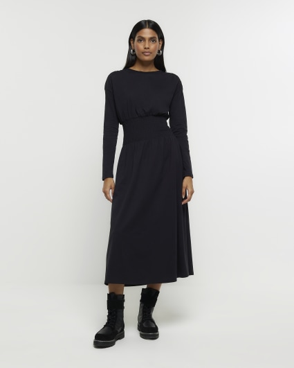 Black shirred waist midi dress