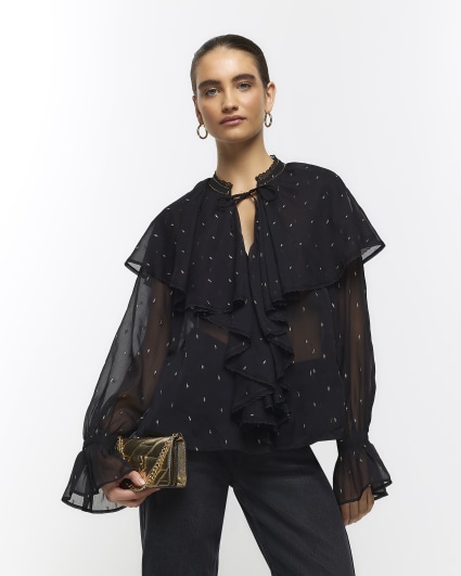 Black glitter detail frill blouse