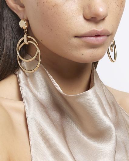Gold double hoop drop earrings