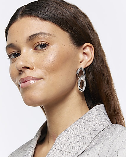 Silver chain link diamante drop earrings