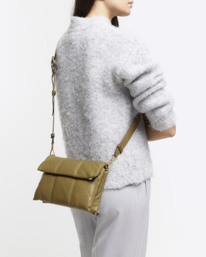 Khaki leather quilted cross body bag