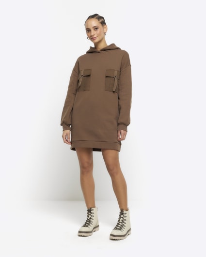 Khaki utility hooded sweatshirt mini dress