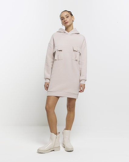 Beige utility hooded sweatshirt mini dress