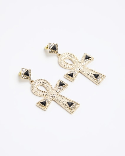 Gold Textured Cross Drop Earrings