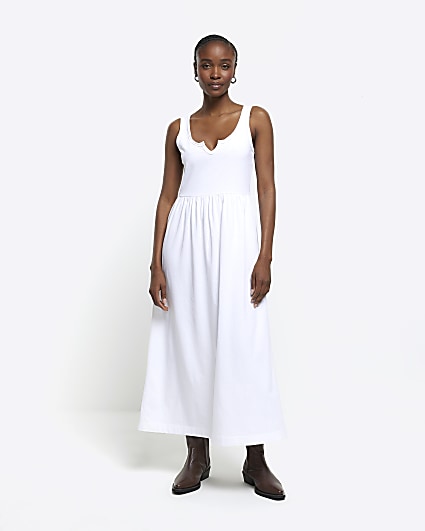 White scoop neck skater midi dress