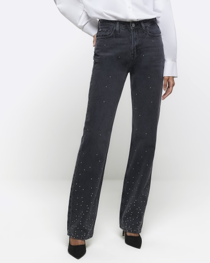 Black embellished stove pipe straight jeans