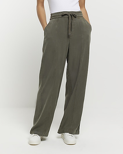 Khaki High Waisted Tapered Trousers