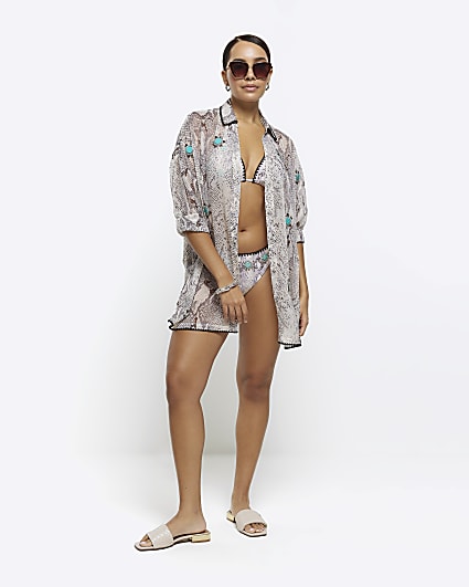 Grey animal print sheer beach shirt