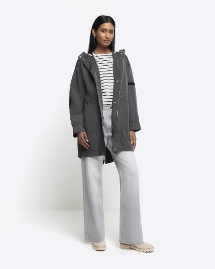 Grey lightweight hooded parka coat