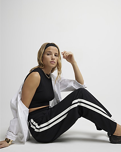 Black side stripe wide leg joggers