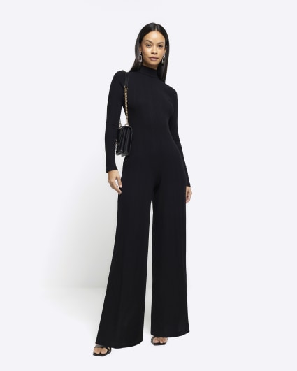 Black rib high neck wide leg jumpsuit