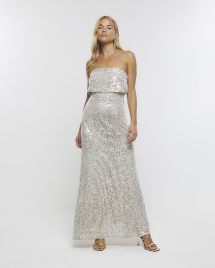 Silver sequin bandeau maxi dress